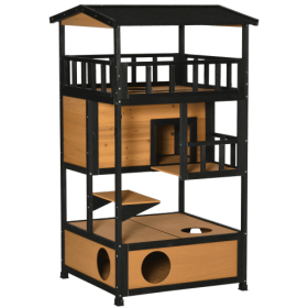 Wooden Outdoor Cat House, Wild Cat Shelter Kitten Tree (Color: Yellow)
